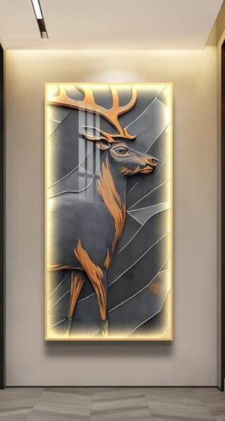 Illuminated wall art featuring a modern deer design with LED lighting in a hallway setting.