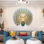 Luxury peacock wall clock in a modern living room with elegant decor.