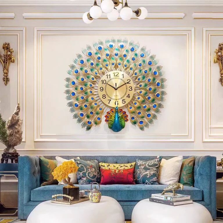 Luxury peacock wall clock in a modern living room with elegant decor.