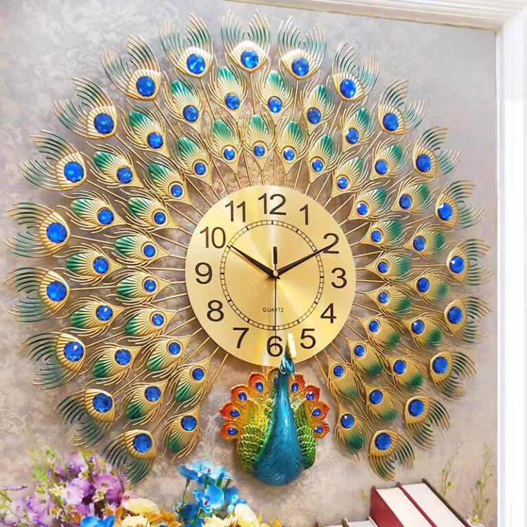 Peacock-themed decorative wall clock with gold and blue accents, ideal for luxury home decor.