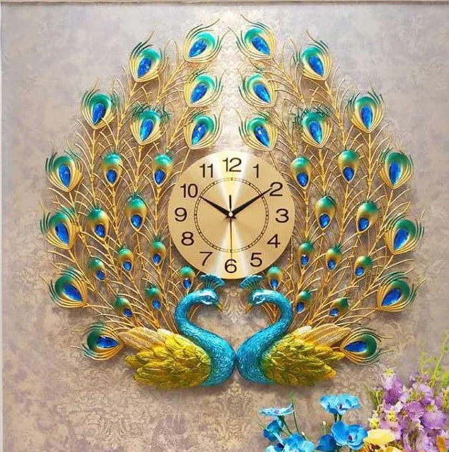 Luxury peacock-themed decorative wall clock with vibrant colors and intricate design.
