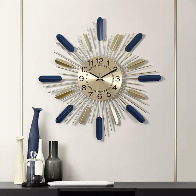 Modern luxury wall clock with blue and gold accents, perfect for home decor.