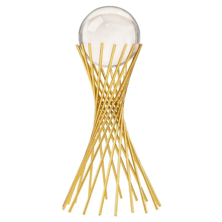 Elegant gold decorative sculpture with a crystal sphere, perfect for modern luxury home decor.