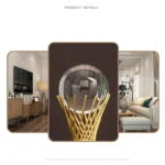 Modern luxury home decor with crystal ball sculpture and elegant living room.