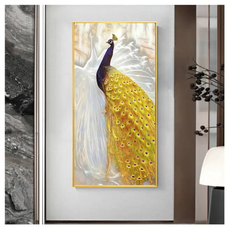 Luxury framed wall art featuring a vibrant peacock design, perfect for modern home decor.