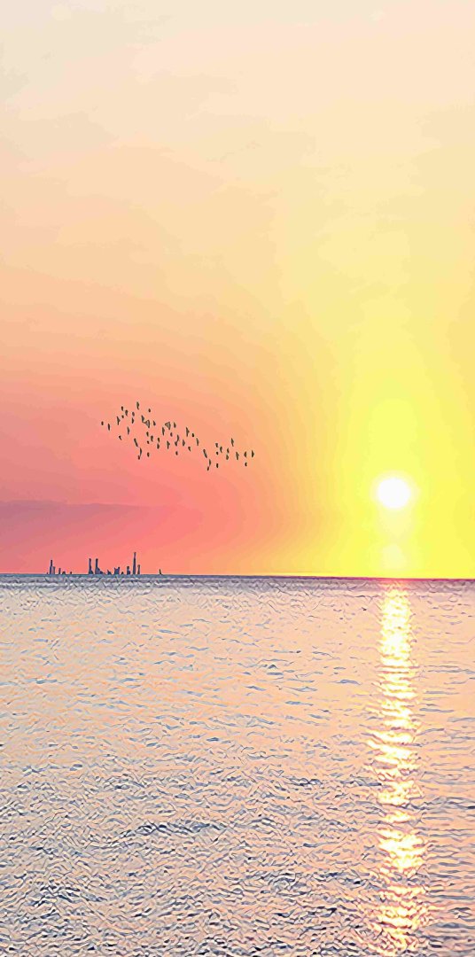 Sunset over ocean with distant city skyline and flock of birds.