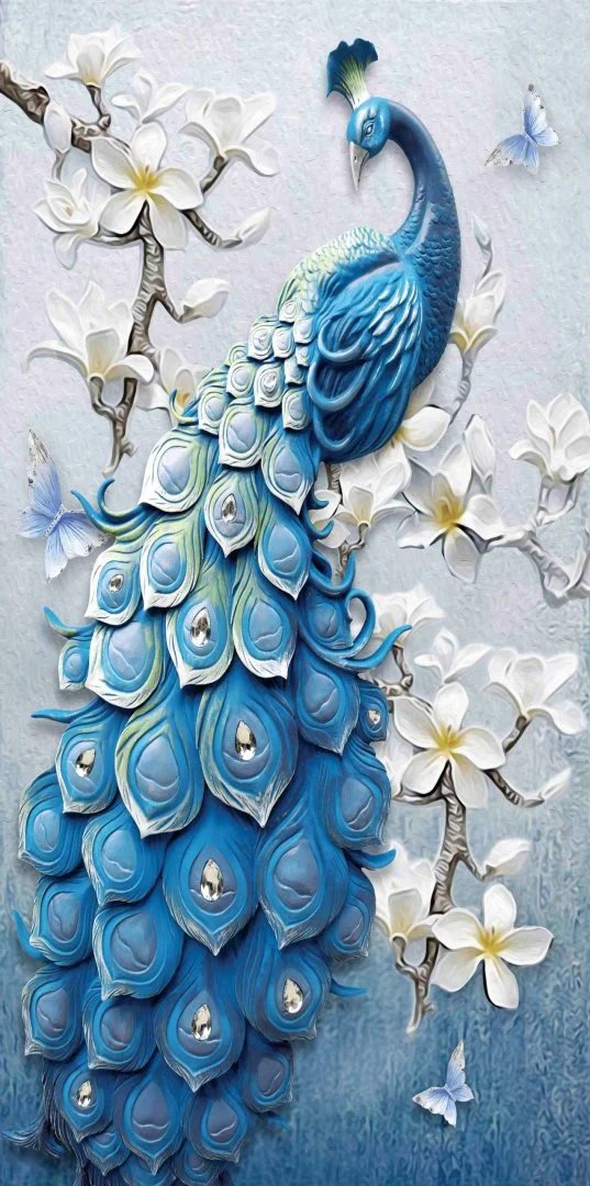 Elegant blue peacock wall art with floral accents, perfect for modern luxury home decor.