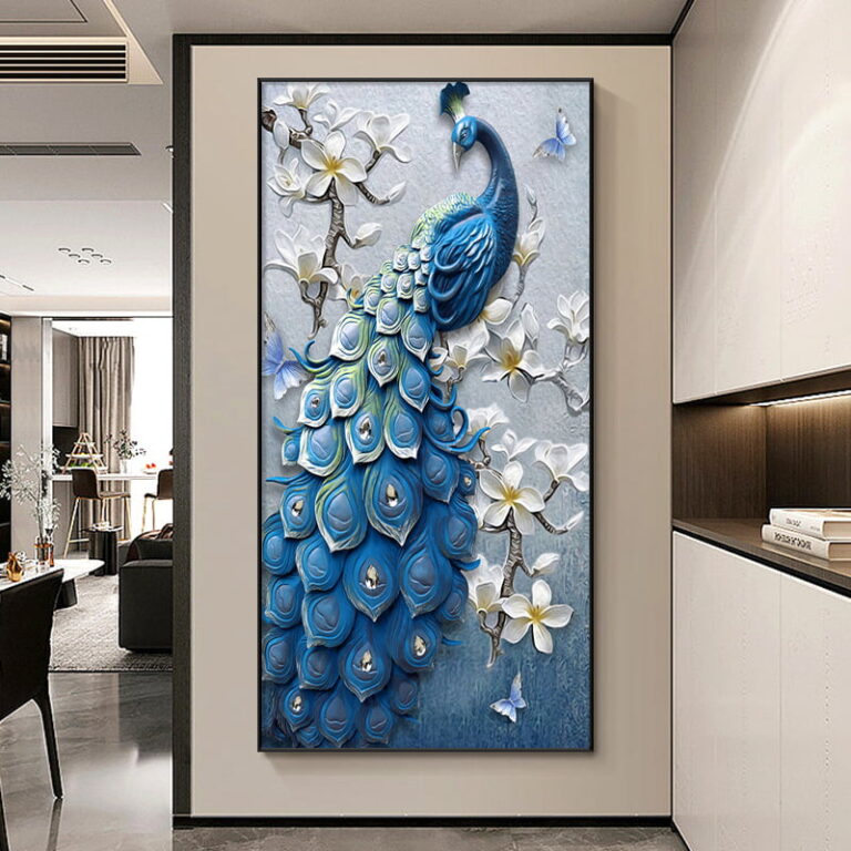 Modern luxury wall art featuring a blue peacock with floral accents, perfect for home decor.