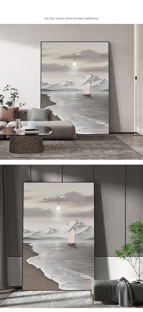 Modern framed wall art featuring a serene ocean scene with sailboats and mountains, enhancing luxury home decor.