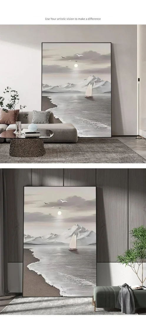 Modern framed wall art featuring a serene ocean scene with sailboats and mountains, enhancing luxury home decor.