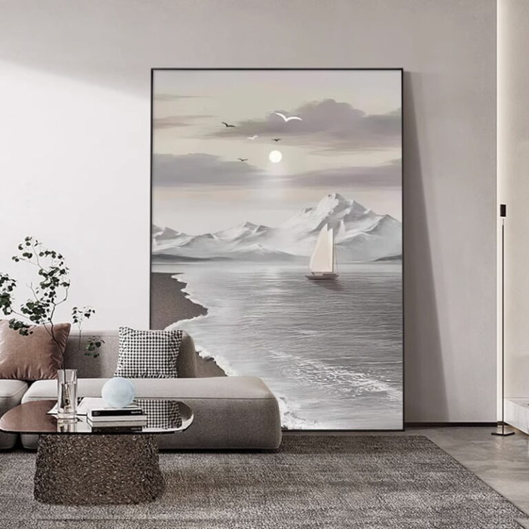 Modern framed wall art with a serene ocean and mountain scene, perfect for luxury home decor.