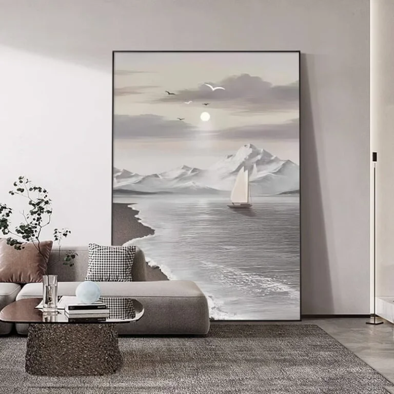 Modern framed wall art with a serene ocean and mountain scene, perfect for luxury home decor.