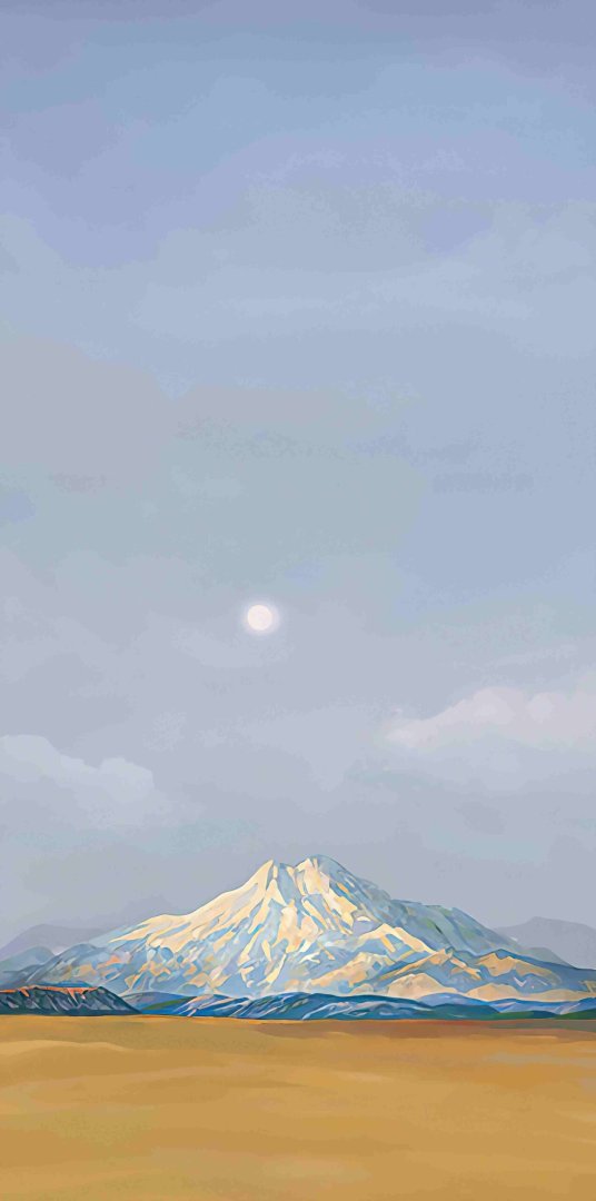 Modern wall art featuring a serene mountain landscape under a soft sky.