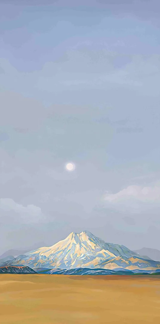 Modern wall art featuring a serene mountain landscape under a soft sky.