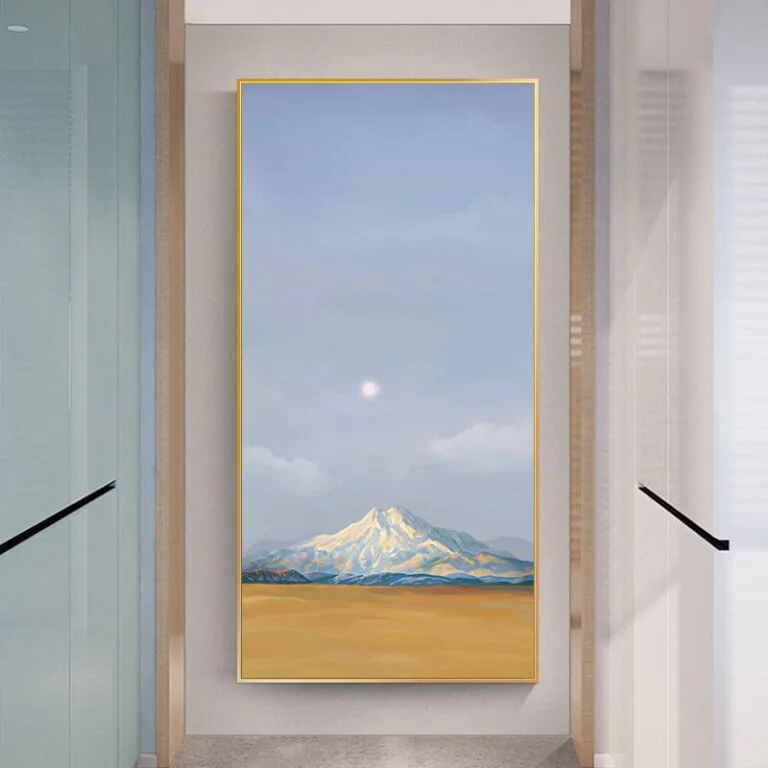 Modern framed wall art with mountain landscape in a hallway setting.