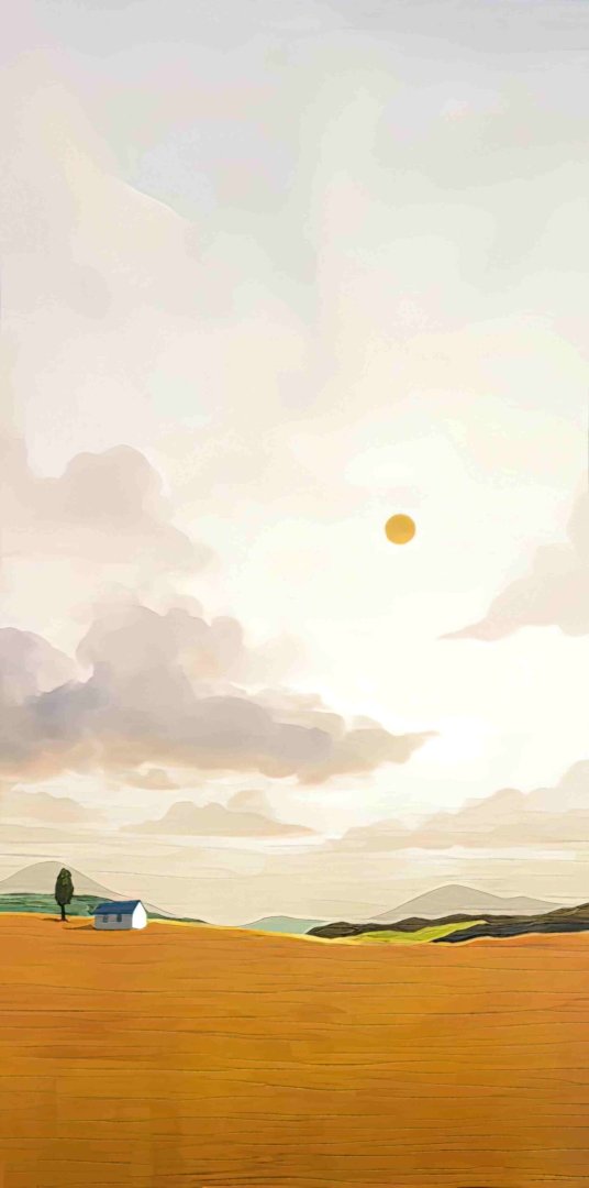 Modern wall art with a serene landscape featuring a small house, tree, and sun.