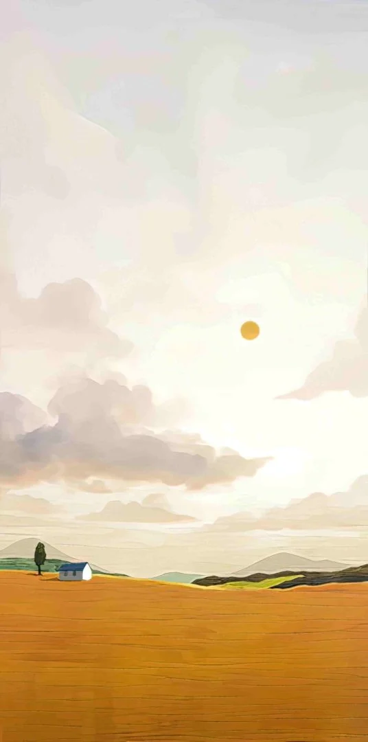 Modern wall art with a serene landscape featuring a small house, tree, and sun.