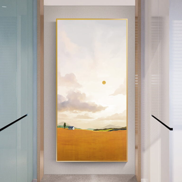 Modern framed wall art with landscape design in a luxury hallway setting.