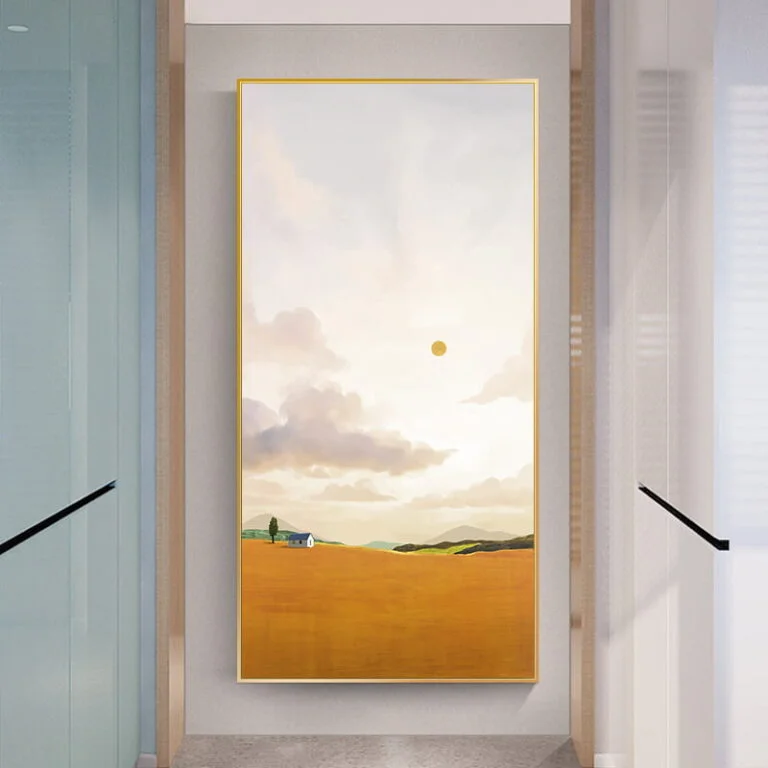 Modern framed wall art with landscape design in a luxury hallway setting.