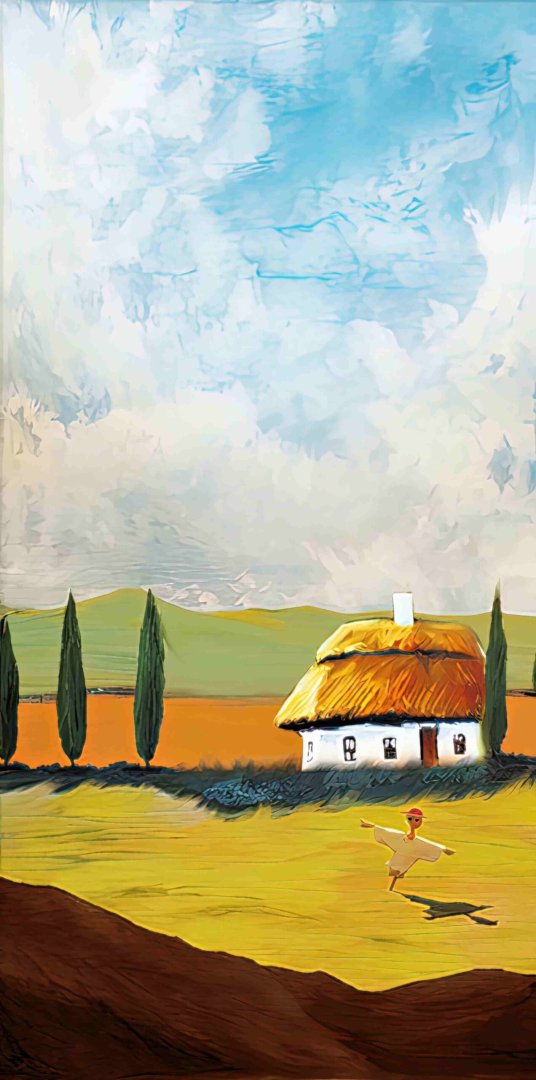 Modern wall art featuring a countryside scene with a house and trees under a blue sky.
