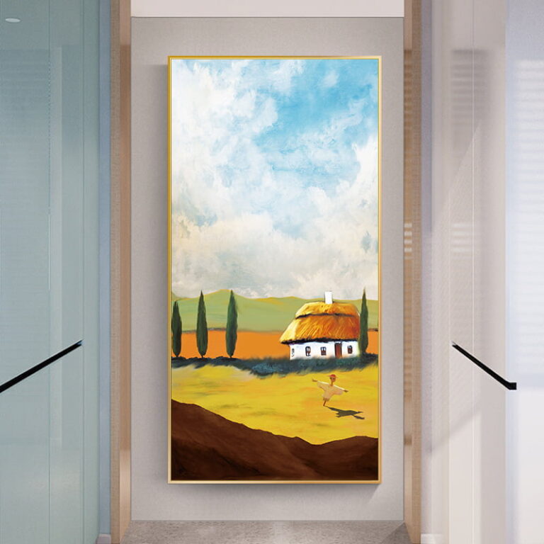Modern framed wall art with a landscape painting of a house and trees, ideal for luxury home decor.