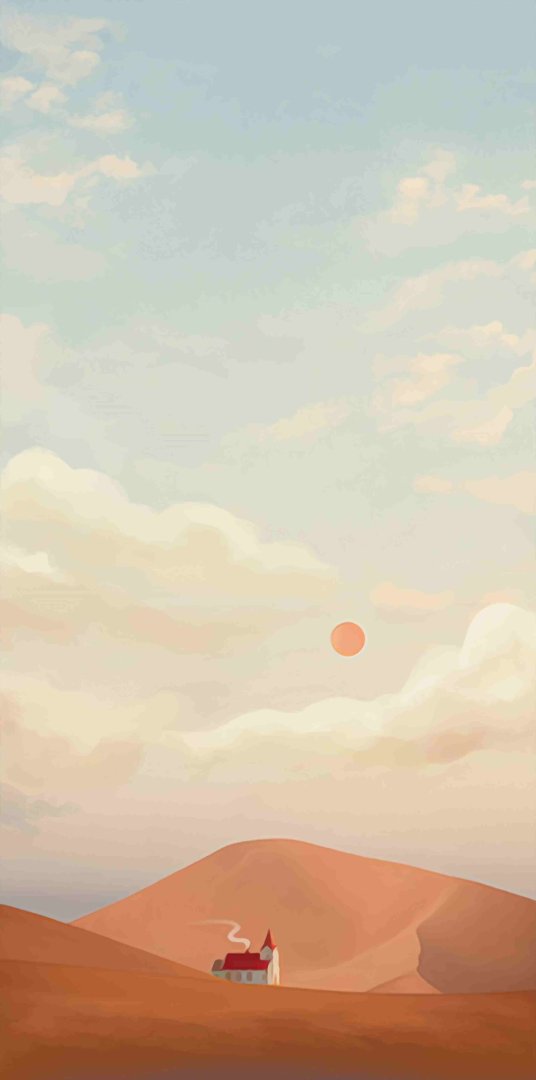 Modern wall art with a serene landscape of hills and a small house under a cloudy sky.