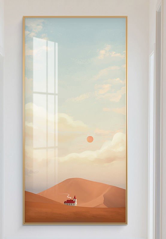 Modern framed wall art with a serene desert landscape and a small building under a pastel sky.