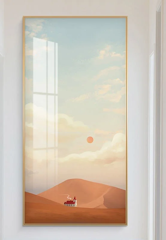 Modern framed wall art with a serene desert landscape and a small building under a pastel sky.