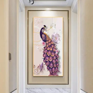 Elegant peacock wall art in a modern hallway, featuring vibrant colors and intricate details.