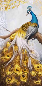 Elegant peacock wall art with gold and blue accents, perfect for modern luxury home decor.