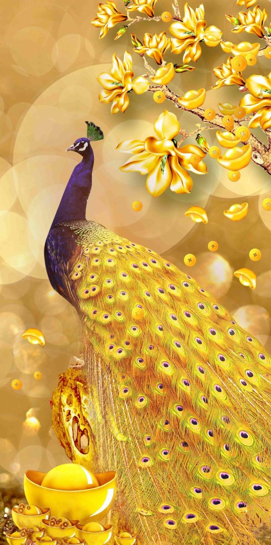 Luxurious wall art featuring a vibrant peacock with golden floral accents, perfect for modern home decor.