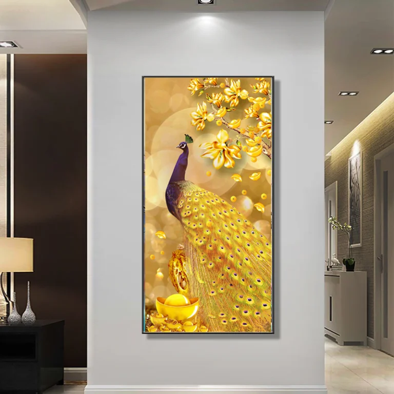 Luxury framed wall art featuring a vibrant peacock with golden accents, perfect for modern home decor.