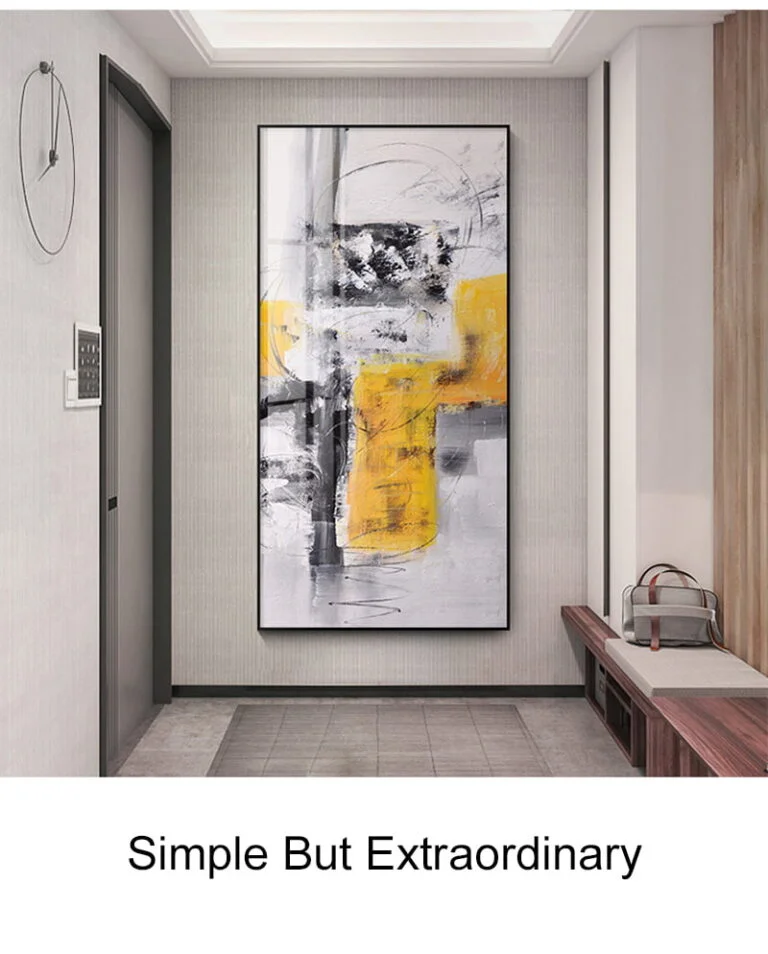 Modern abstract wall art with yellow and black accents in a hallway.