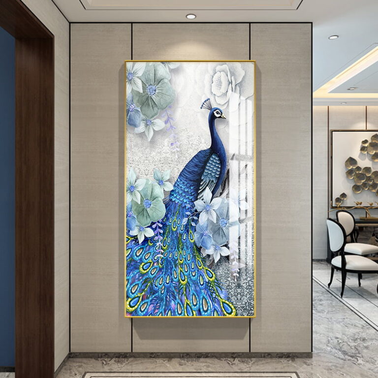 Luxury framed wall art featuring a vibrant peacock with floral accents, perfect for modern home decor.