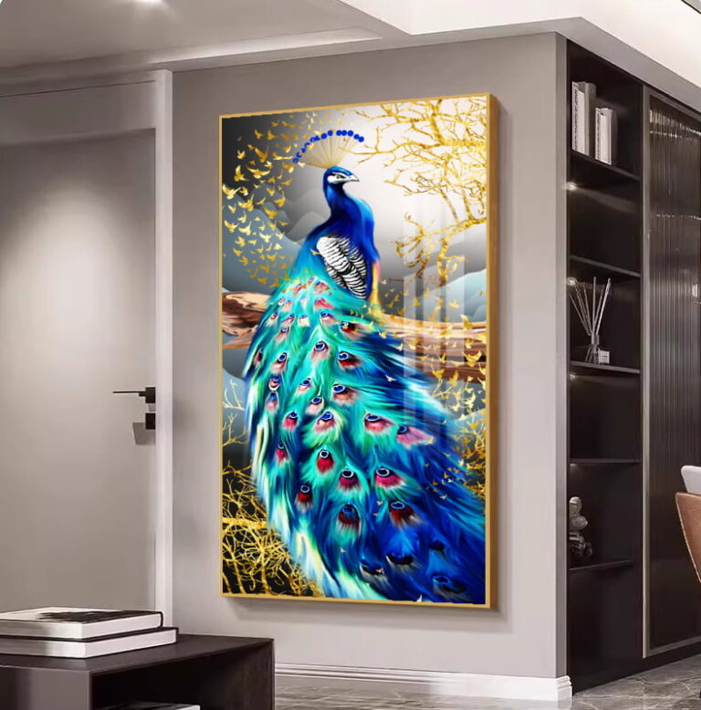 Modern framed wall art featuring a vibrant peacock design in a luxury home setting.