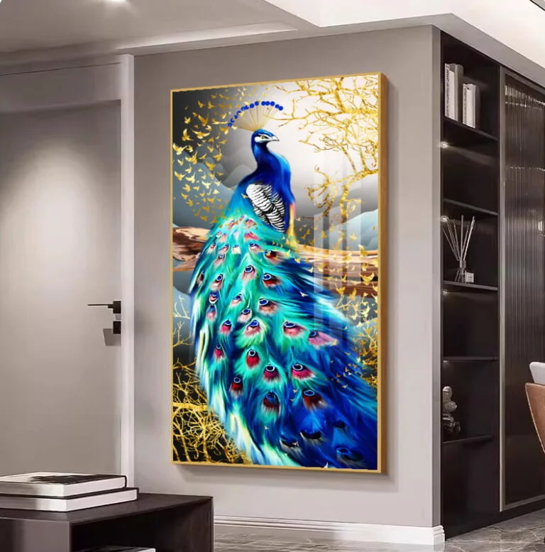 Modern framed wall art featuring a vibrant peacock design in a luxury home setting.