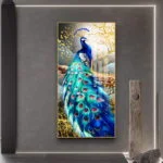 Modern luxury wall art featuring a vibrant peacock with gold accents, perfect for home decor.