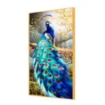 Modern framed wall art featuring a vibrant peacock with gold accents, perfect for luxury home decor.