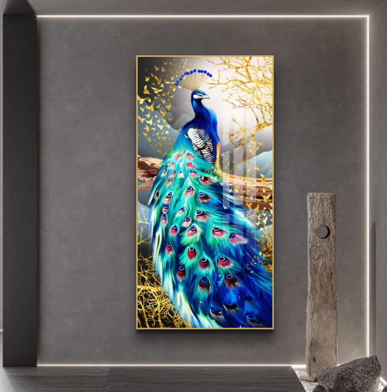 Modern luxury wall art featuring a vibrant peacock with gold accents, perfect for home decor.