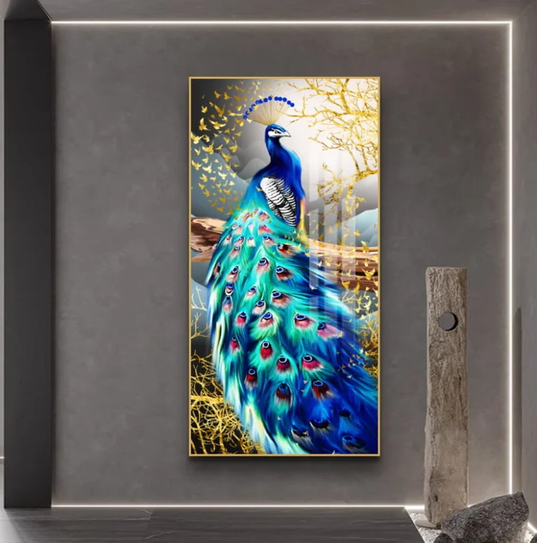 Modern luxury wall art featuring a vibrant peacock with gold accents, perfect for home decor.