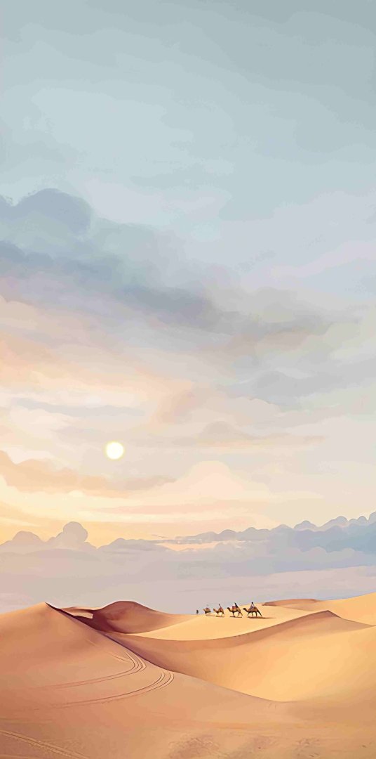 Modern wall art featuring a serene desert landscape with camels under a soft sky.