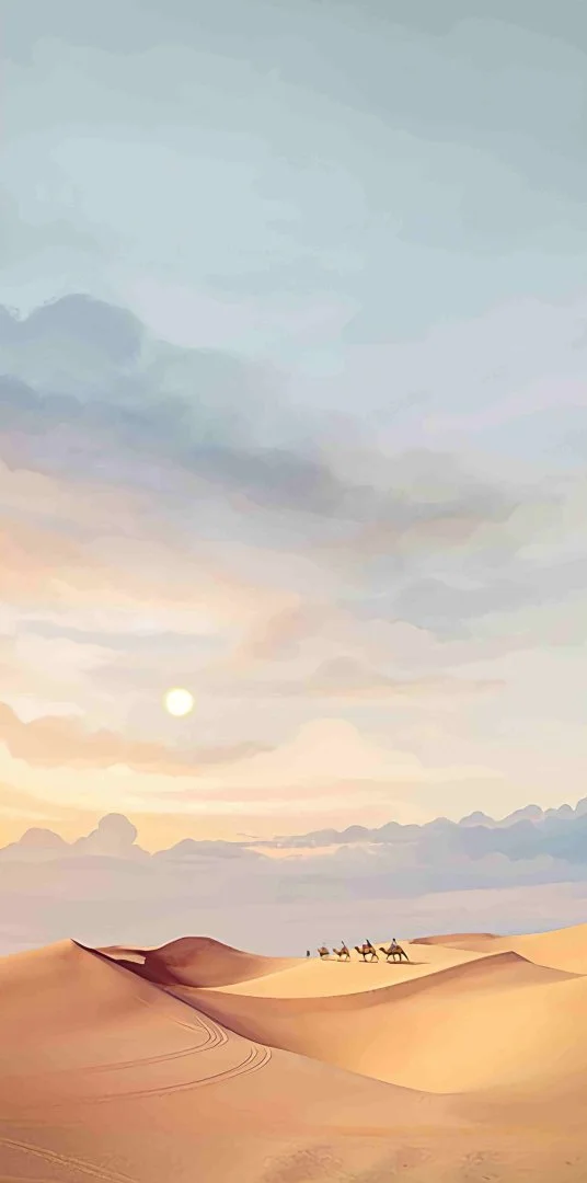Modern wall art featuring a serene desert landscape with camels under a soft sky.