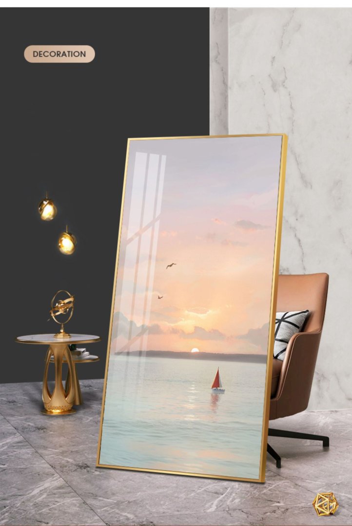 Modern framed wall art with sunset and sailboat, luxury home decor.