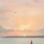 Serene sunset over ocean with sailboat and birds, modern wall art.