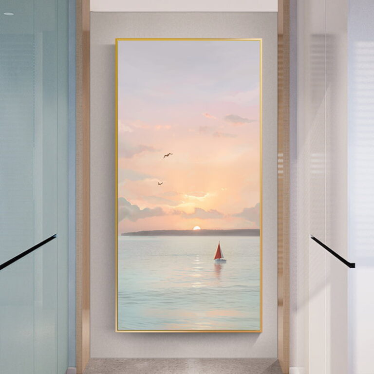 Modern framed wall art with a sunset seascape and sailboat, perfect for luxury home decor.