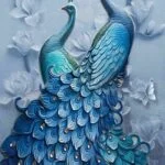 Elegant blue peacock wall art with floral and butterfly accents, perfect for modern luxury home decor.
