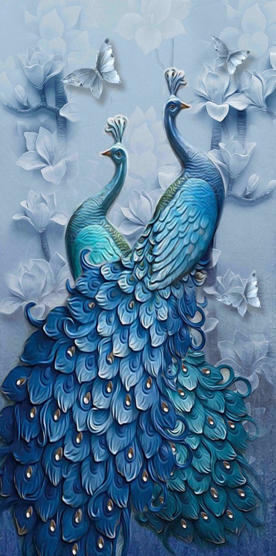 Elegant blue peacock wall art with floral and butterfly accents, perfect for modern luxury home decor.