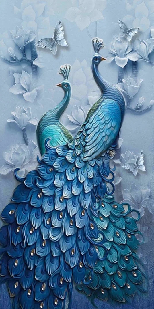 Elegant blue peacock wall art with floral and butterfly accents, perfect for modern luxury home decor.
