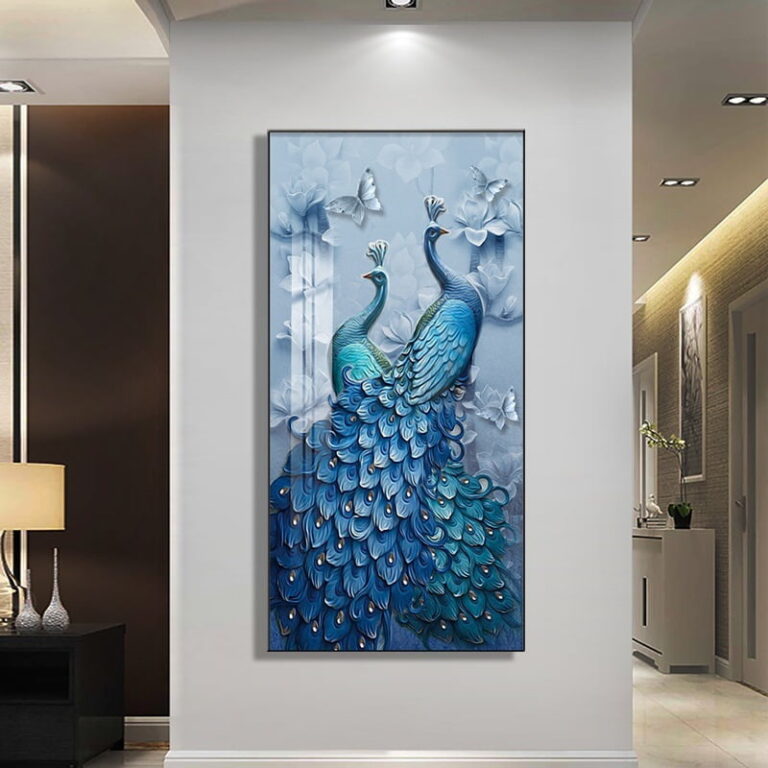 Elegant blue peacock wall art in a modern hallway setting.