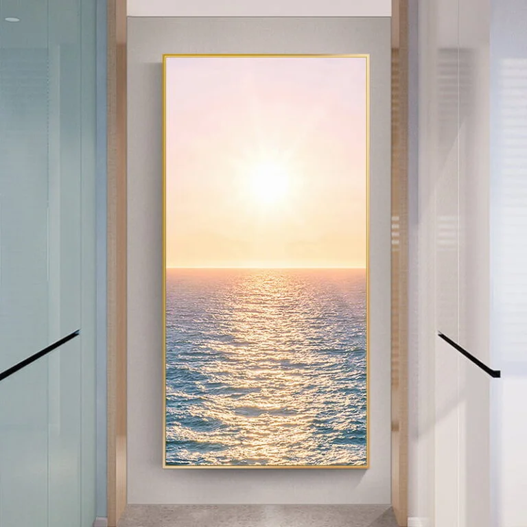 Modern framed wall art with ocean sunset, perfect for luxury home decor.